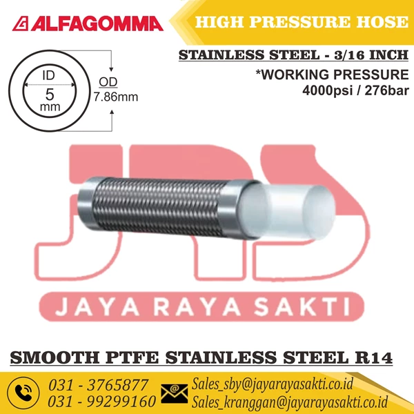 HYDRAULIC HOSE ALFAGOMMA FLEXIBLE TEFLON SMOOTH PTFE STAINLESS STEEL SAE 100 R14 5 MM 3/16 INCH 