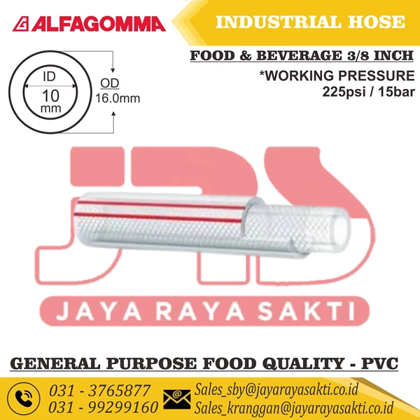 ALFAGOMMA INDUSTRIAL PVC HOSE CLEAR 492OO GENERAL PURPOSE FOOD QUALITY 15 BAR 225 PSI 10 MM 3/8 INCH