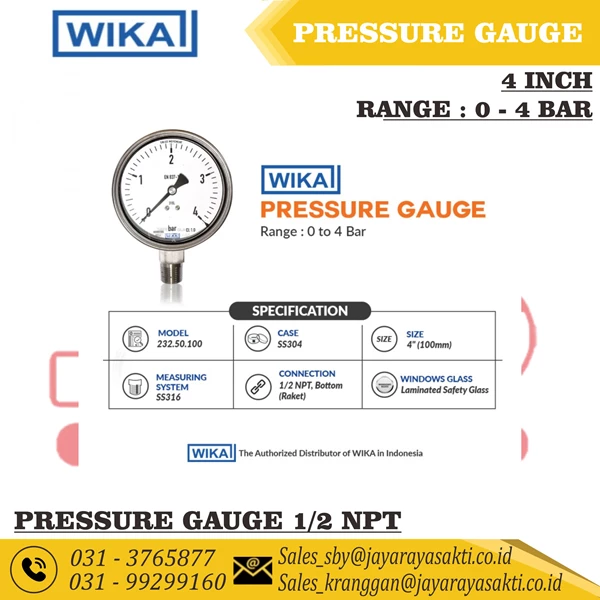 PRESSURE GAUGE WIKA 4 INCH SS 1/2 INCH NPT SINGLE SCALE RANGE 0 TO 4 BAR